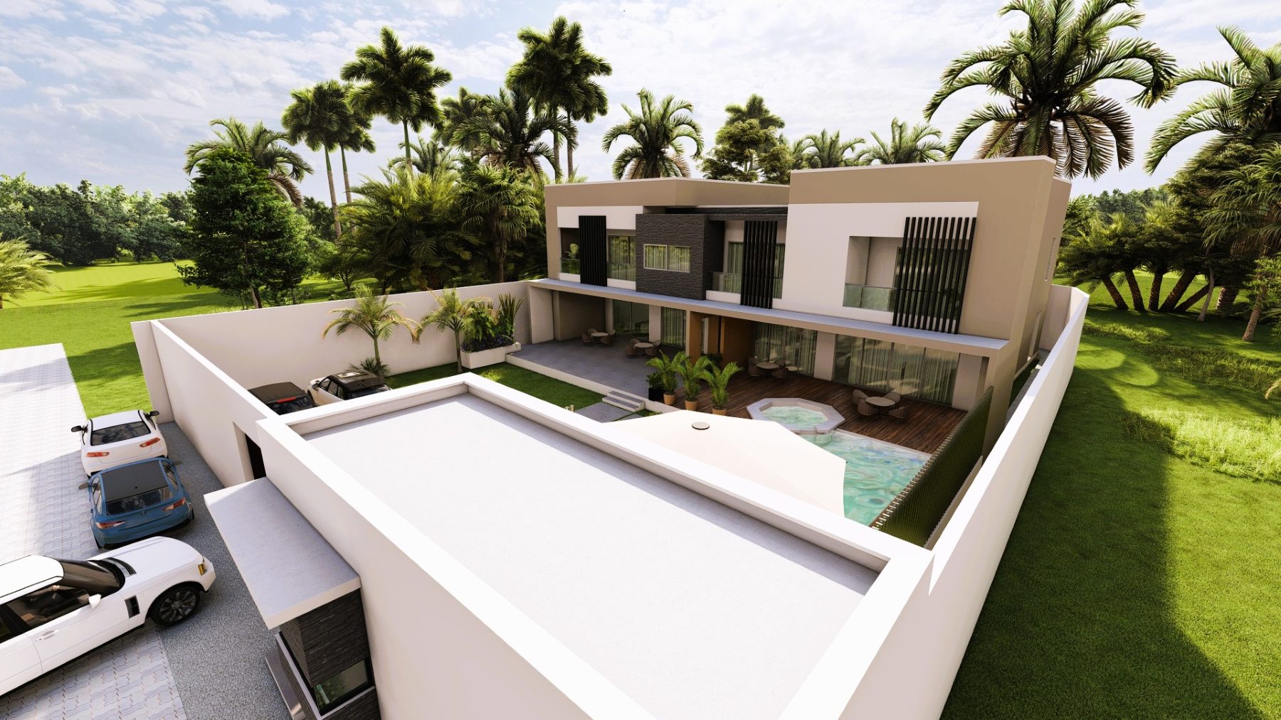 Villa contemporaine implantée en fond de parcelle avec grande cour d'accueil