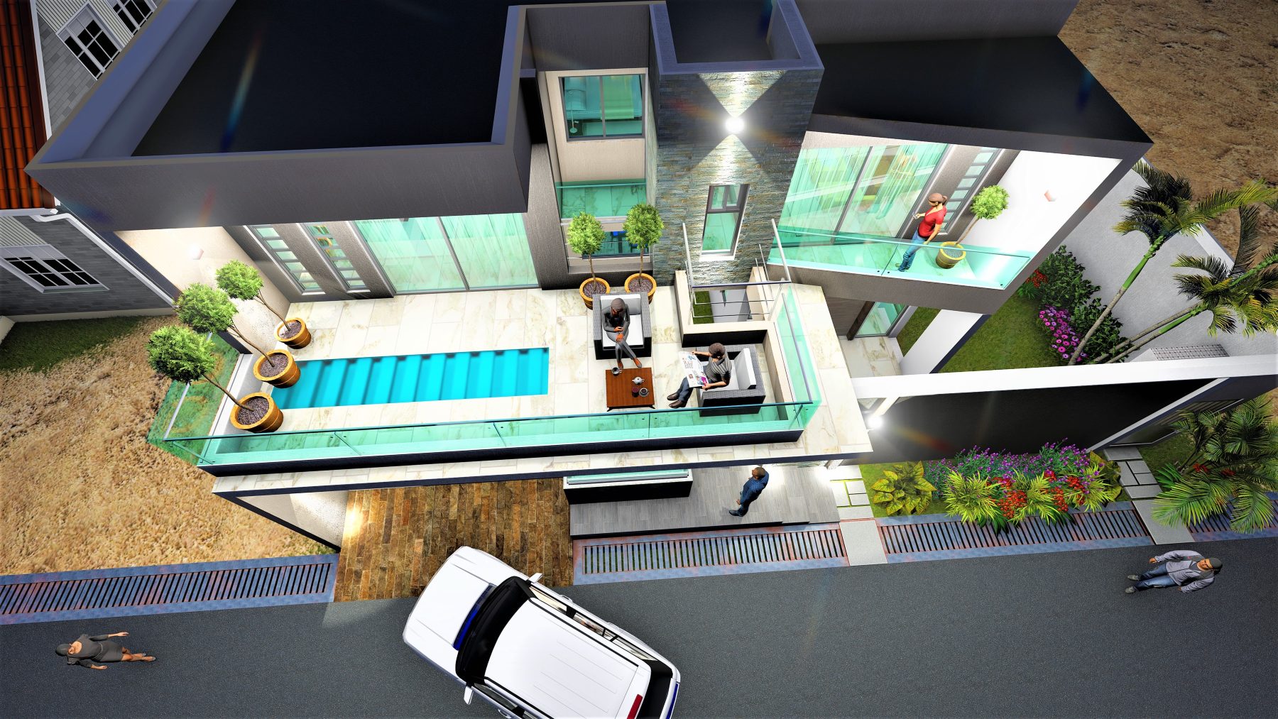 Villa avec terrasse et piscine en étage, vue aérienne